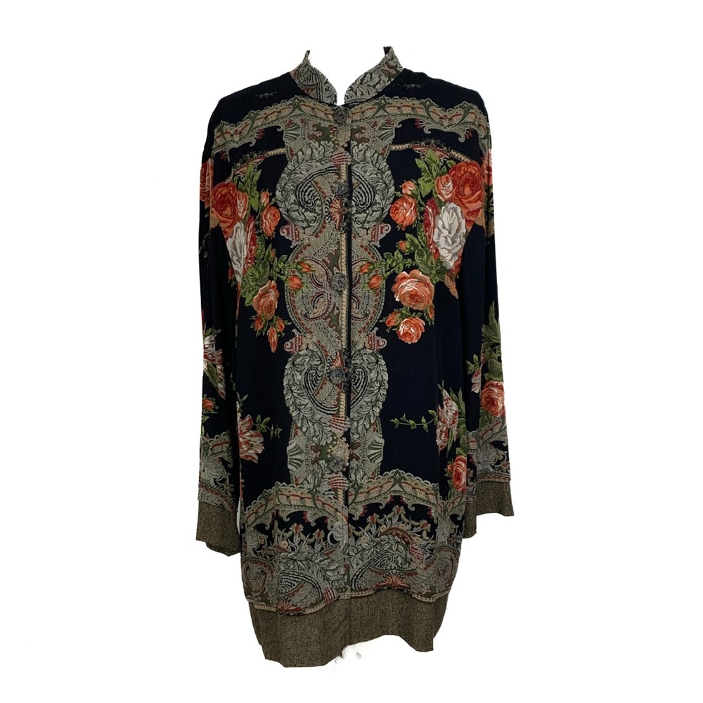 Vintage Carol Little Long Jacket Mandarin Collar Asian Floral Size 10 Large Boho
